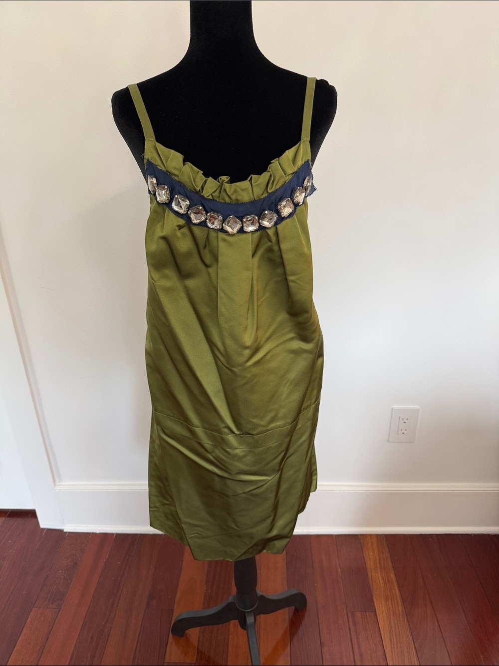 Olive Green Satin Spaghetti Strap Dress with Embellished Neckline